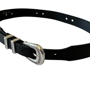 Brighton Men's Black Leather Belt Engraved Silver Hardware Size 34‎